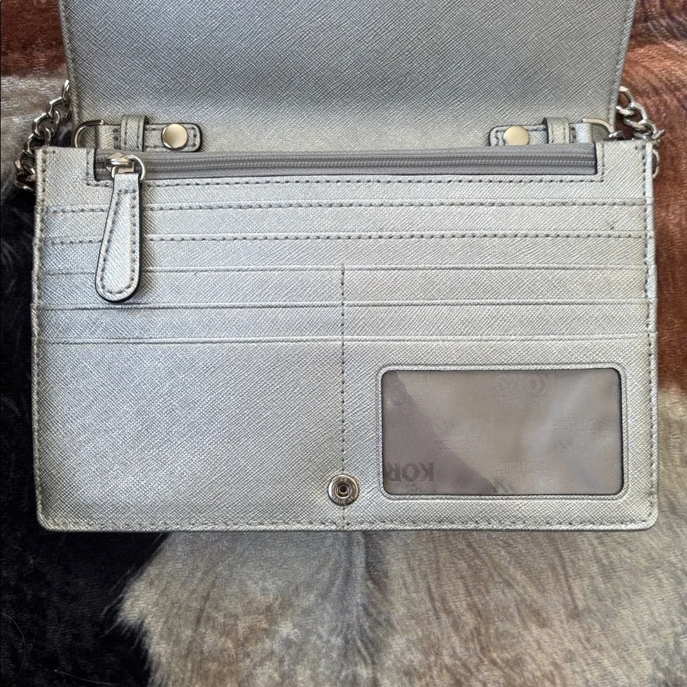 Michael Kors Genuine Leather Lana Wallet Clutch Bag Metallic Silver Crossbody